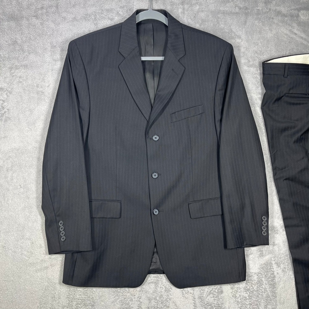 Alfani Pinstripe Suit Mens 40R Black 100% Wool 3-Button Jacket Pants READ